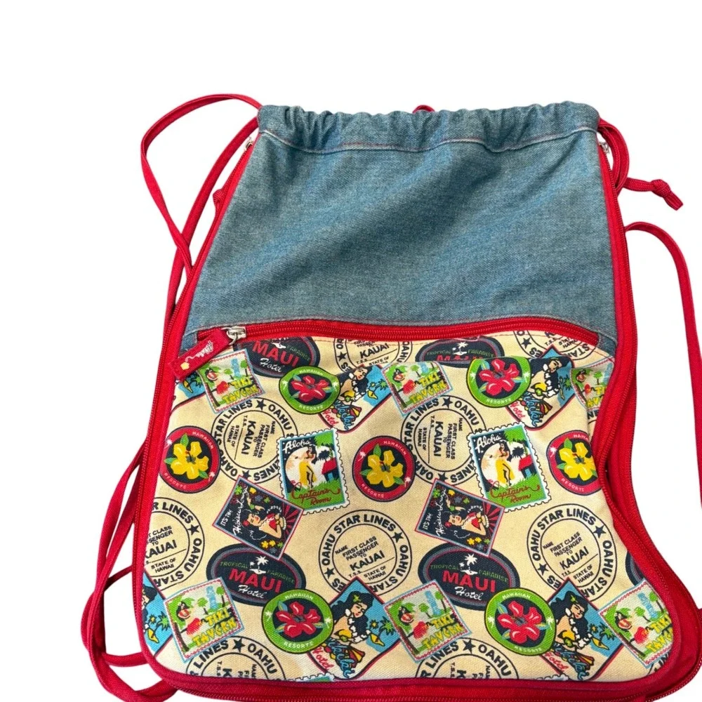 Aloha Hawaii Print Drawstring Backpack Denim Red Trim Summer Beach Bag